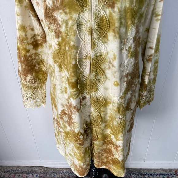 LOGO Lori Goldstein Lavish Cream Brown Tie-Dye Crochet Lace Duster Pockets Sz M - Picture 4 of 16